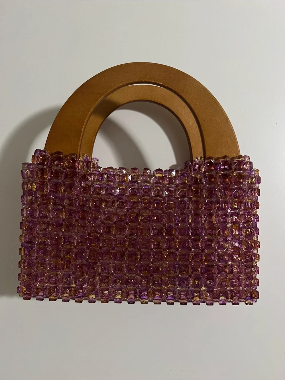 Handmade Beaded Purple Mini Tote Bag with Wooden Handles